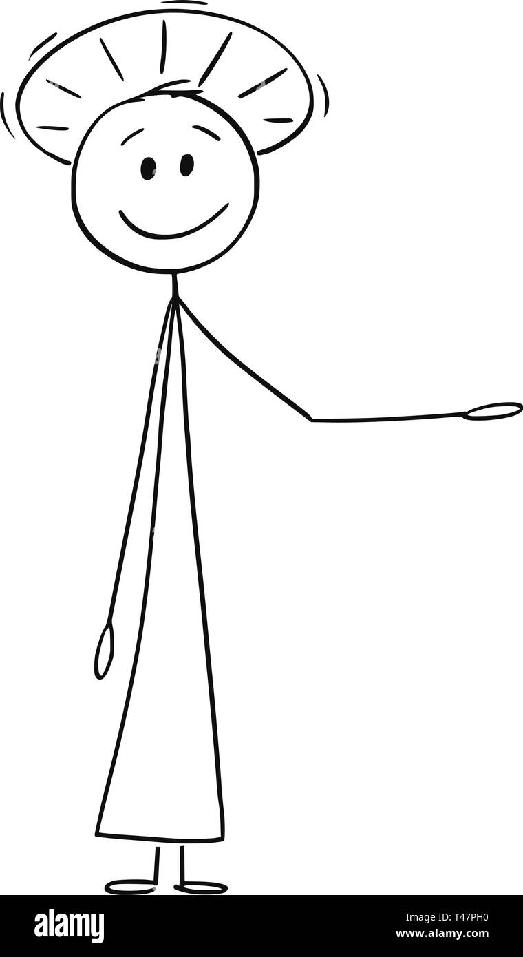 Cartoon stick figure dessin illustration conceptuelle du saint homme ou le prêtre avec un halo autour de la tête est à l'épargne, ou montrant du doigt quelque chose. Illustration de Vecteur