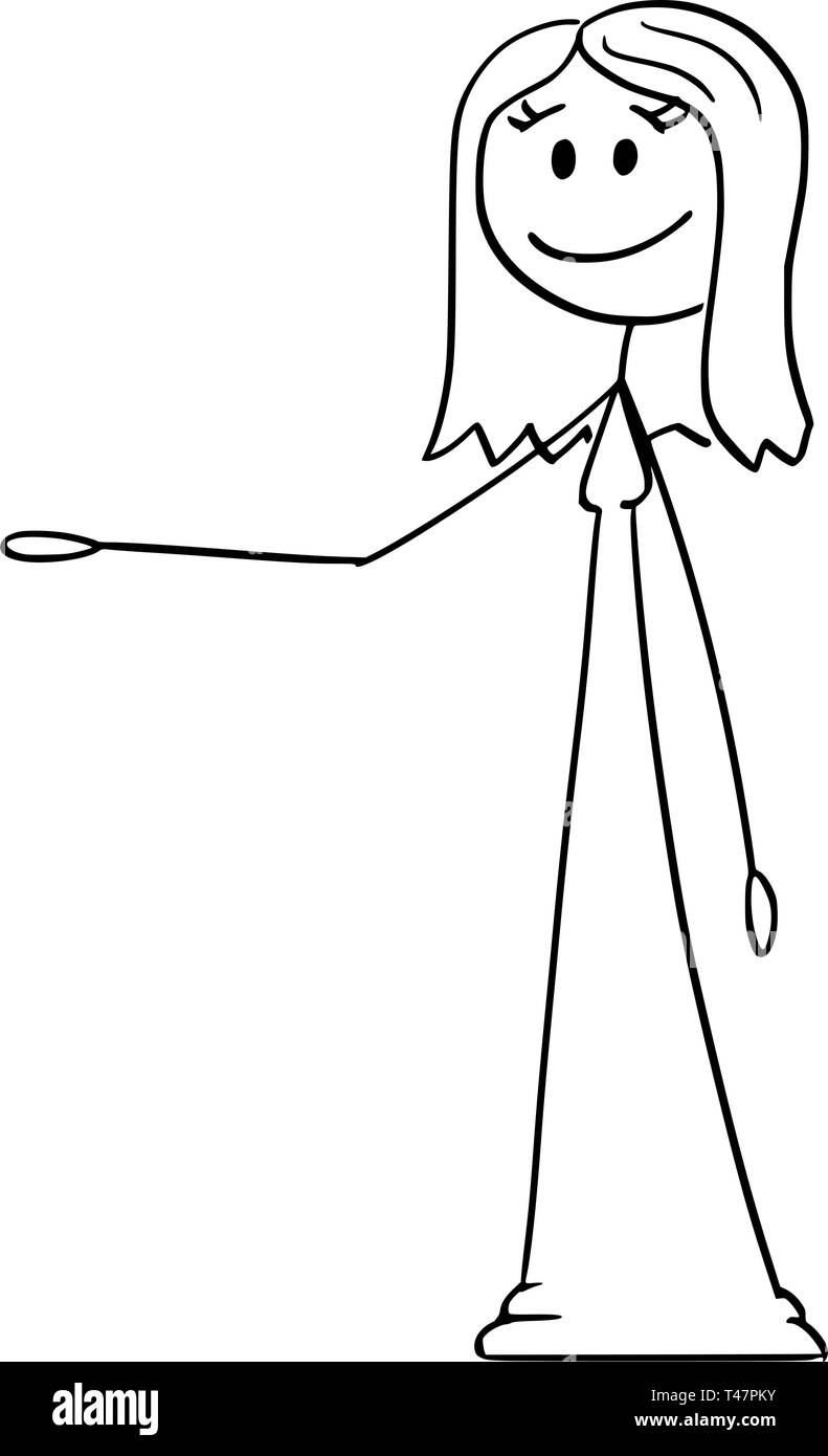 Cartoon stick figure dessin illustration conceptuelle de smiling woman in dress Robe ling ou offre, ou montrant du doigt quelque chose. Illustration de Vecteur