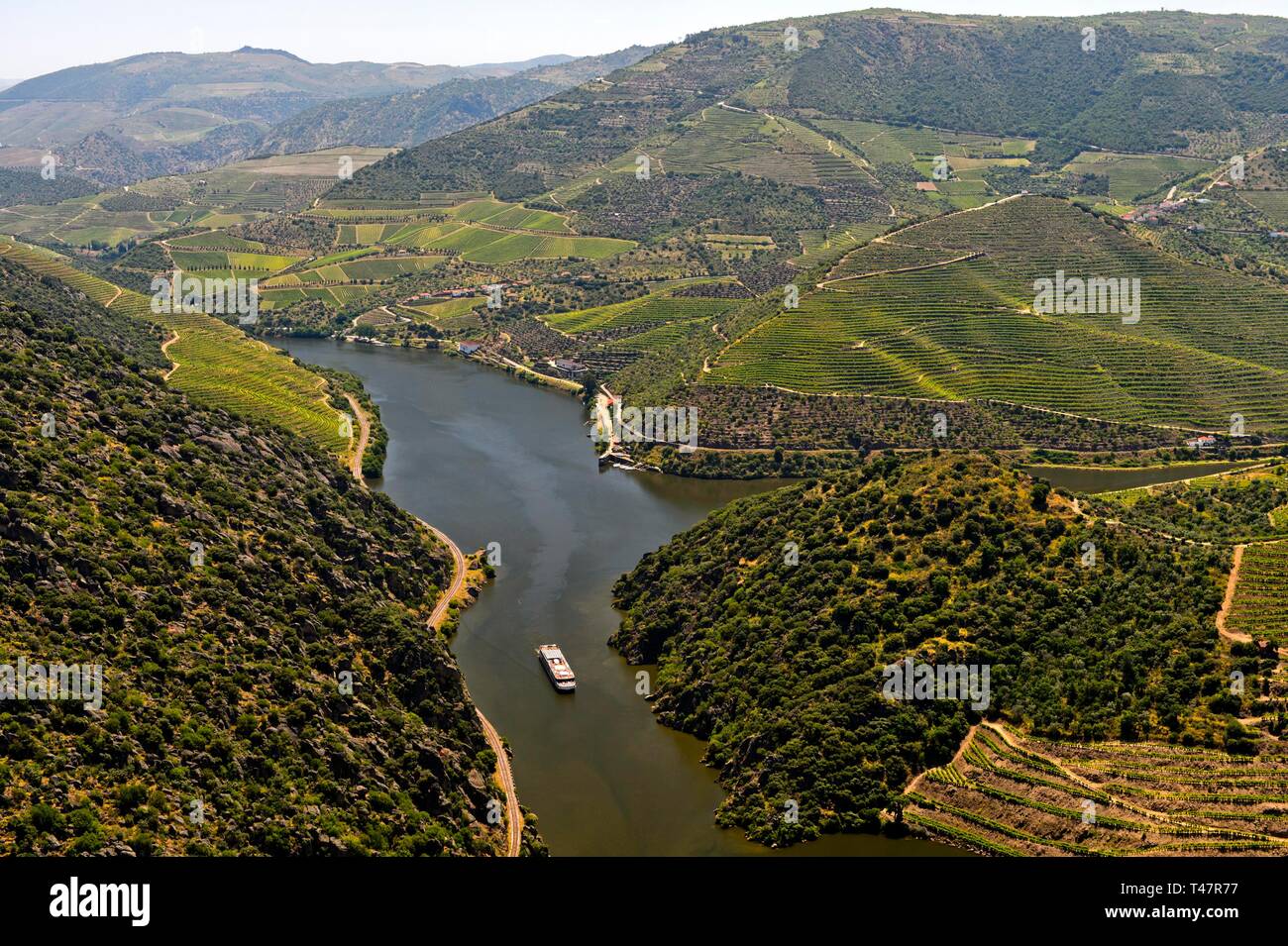 Bateau d'excursion sur le fleuve Douro près de Sao Joao da Pesqueira, District de Viseu, Portugal Banque D'Images