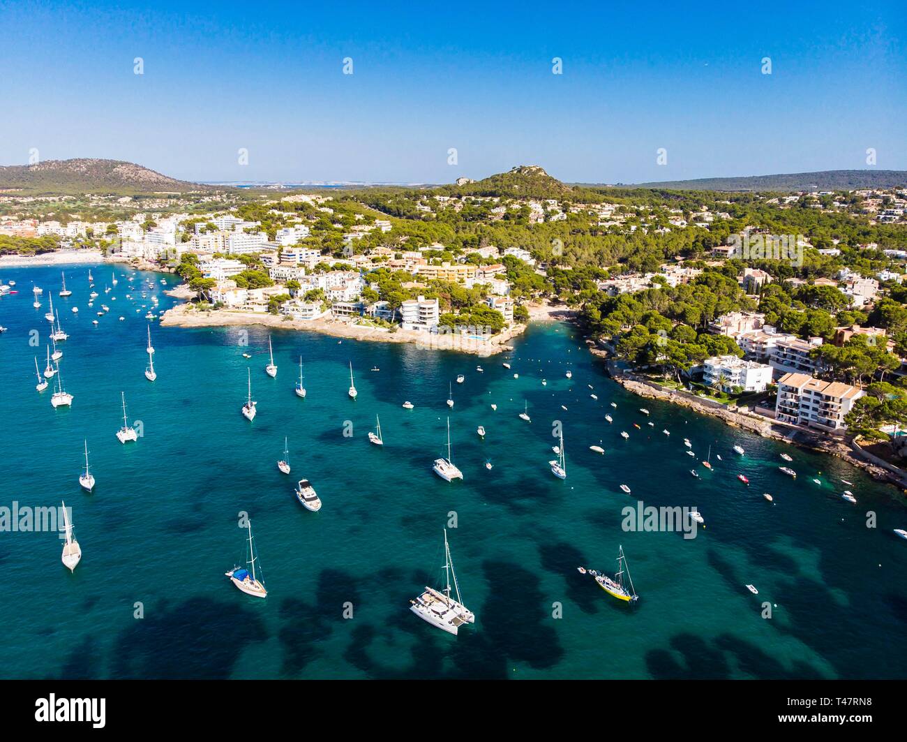 Photo aérienne, vue sur la baie de Santa Ponca avec yachts, Majorque, Îles Baléares, Espagne Banque D'Images