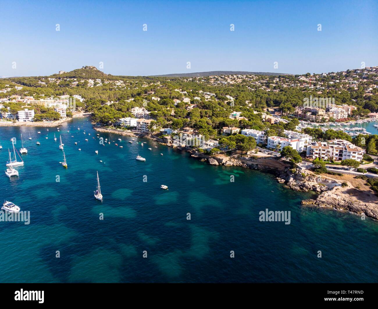 Photo aérienne, vue sur la baie de Santa Ponca avec yachts, Majorque, Îles Baléares, Espagne Banque D'Images