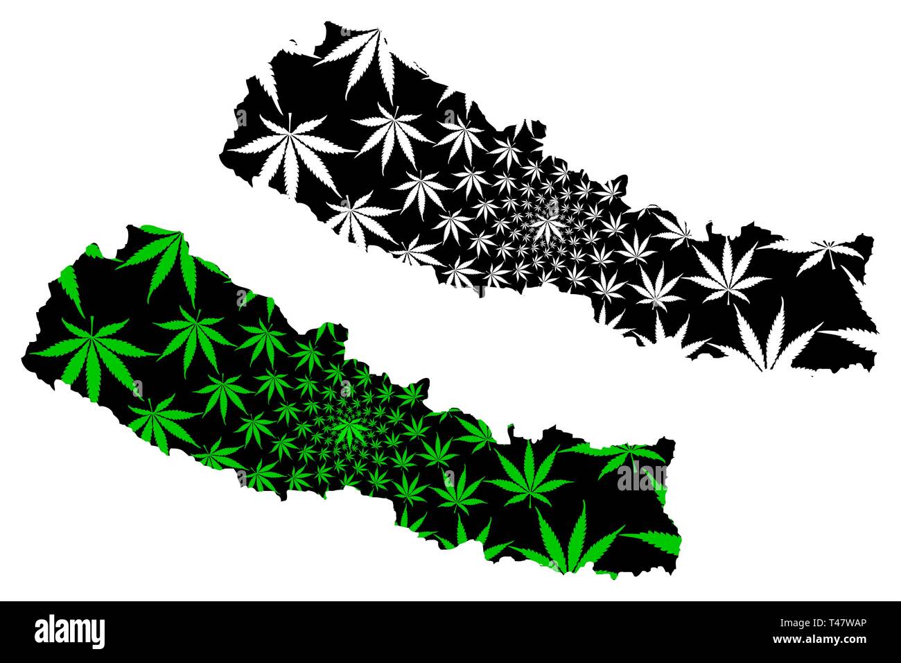 Népal - carte feuille de cannabis est vert et noir, République fédérale démocratique du Népal carte de marijuana, THC) feuillage, Illustration de Vecteur