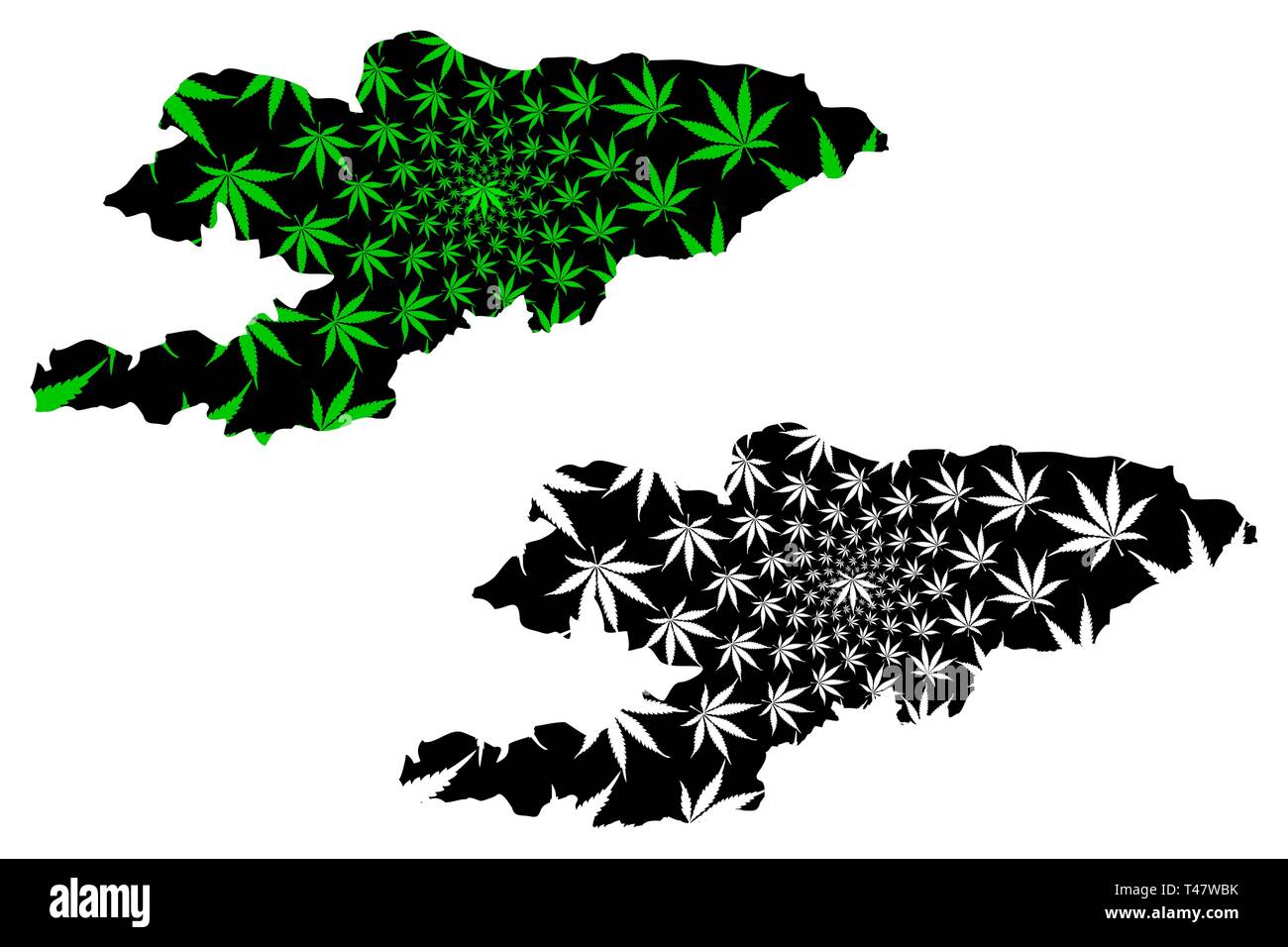 Kirghizistan - carte feuille de cannabis est vert et noir, République du Kirghizistan (Kirghizie) carte de marijuana, THC) feuillage, Illustration de Vecteur