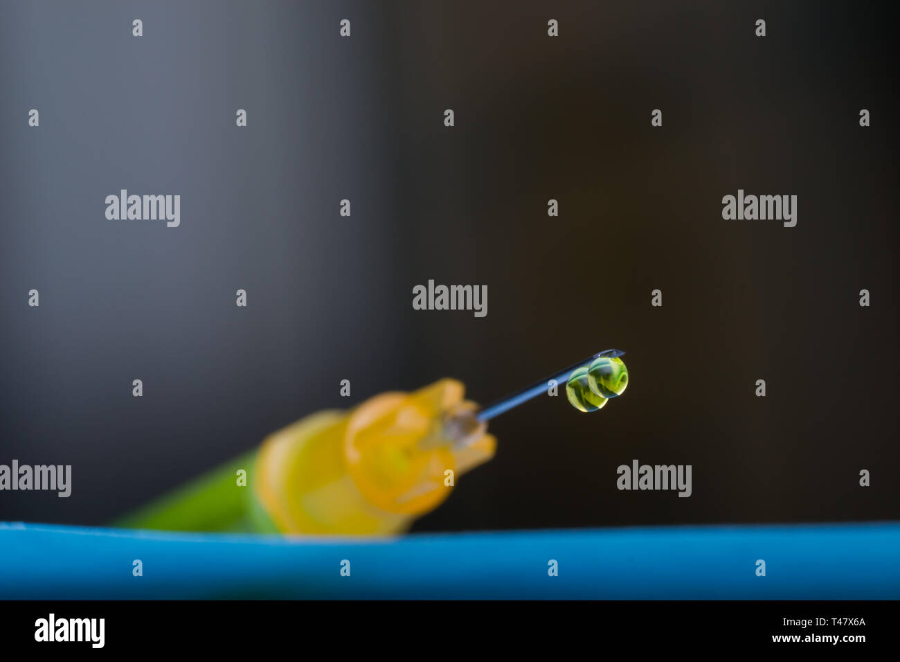 Photo macro d'une seringue avec aiguille gouttes de médicaments Banque D'Images