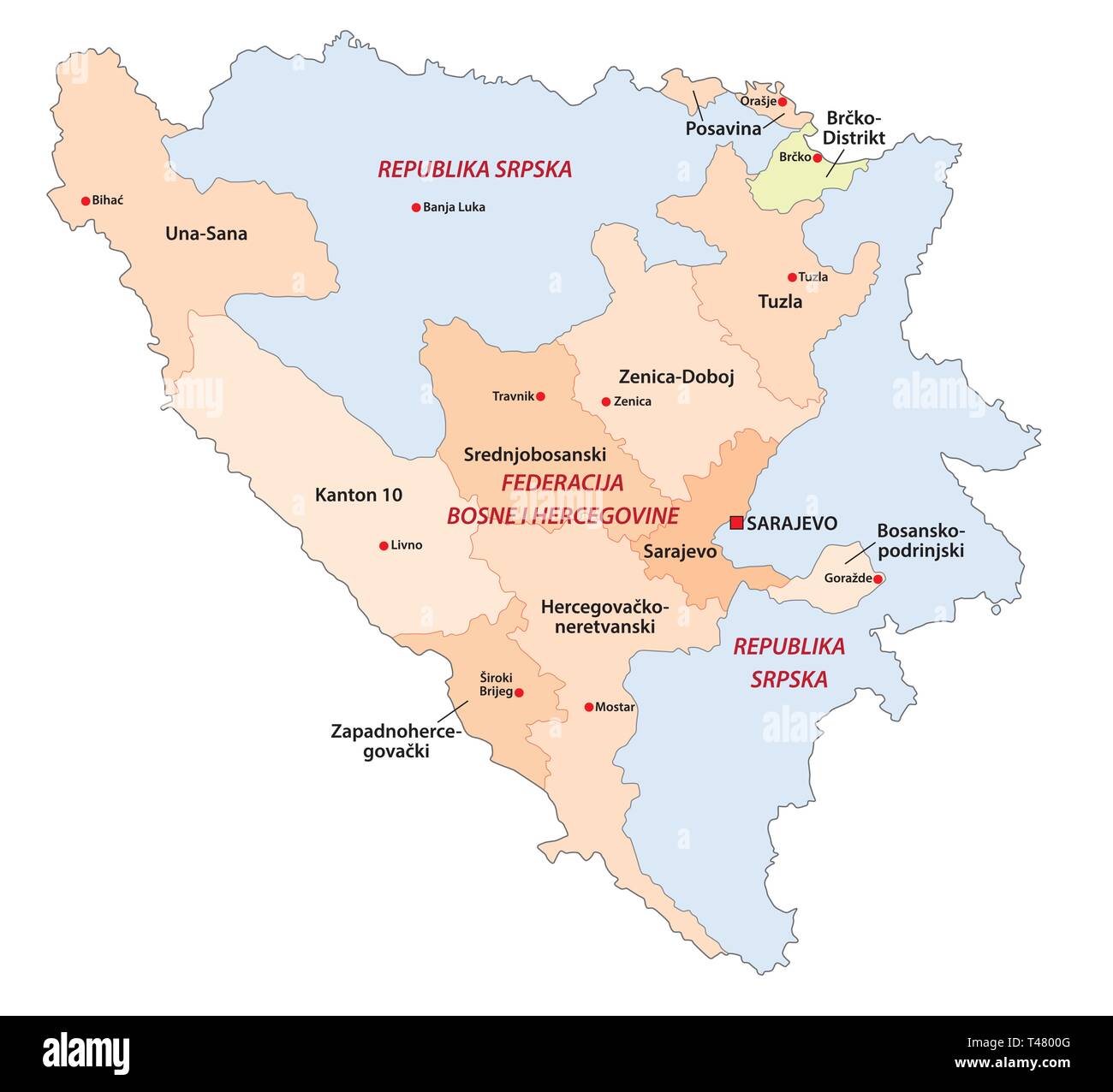 La Bosnie-et-Herzégovine carte vectorielle administrative et politique Illustration de Vecteur