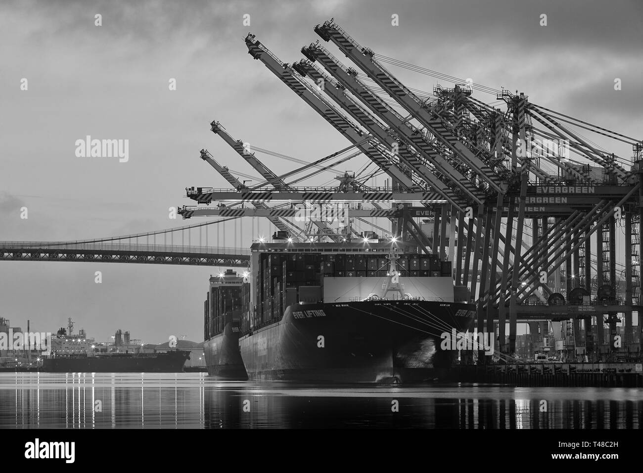 Photo en noir et blanc du navire porte-conteneurs géant EVERGREEN, EVER LIVING Unloading au terminal à conteneurs EVERPORT dans le port de Los Angeles Banque D'Images