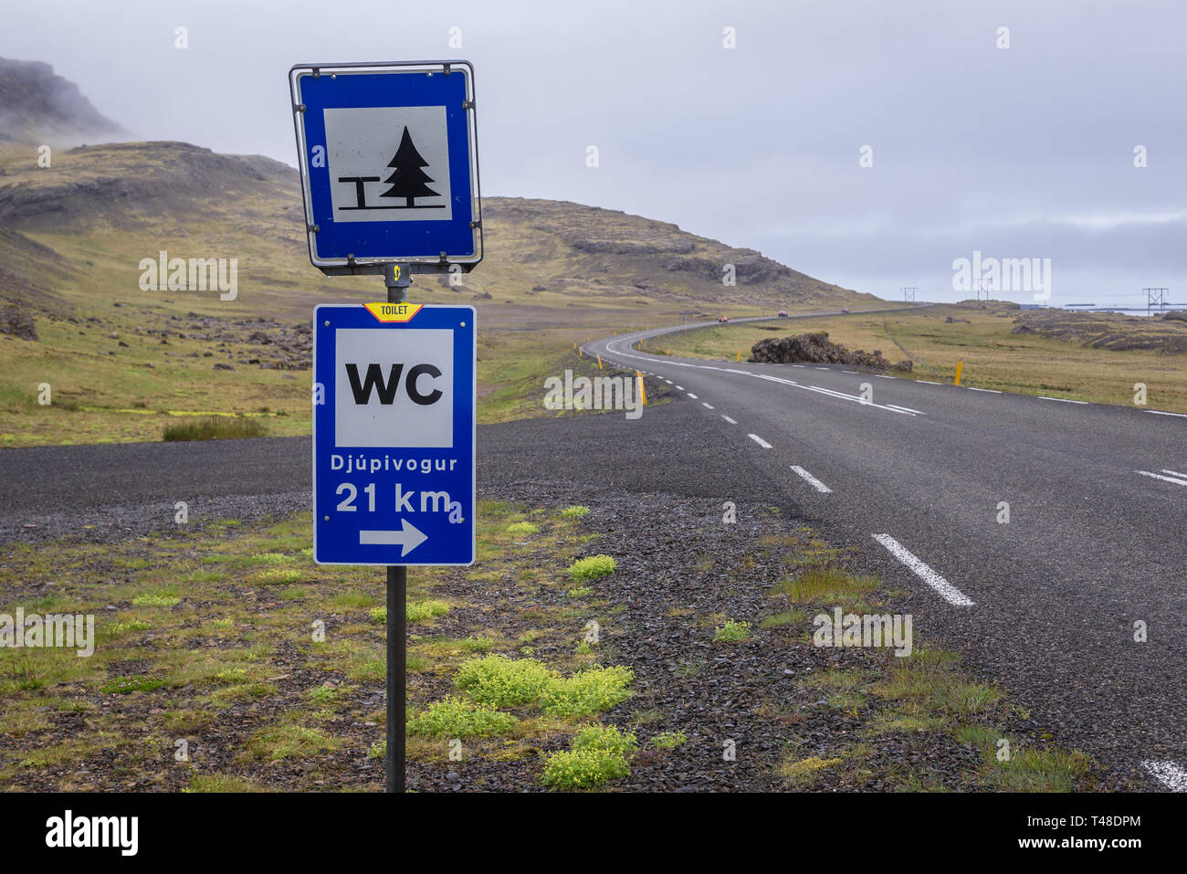 Toilettes panneau sur la route 1 dans la partie est de l'Islande Banque D'Images