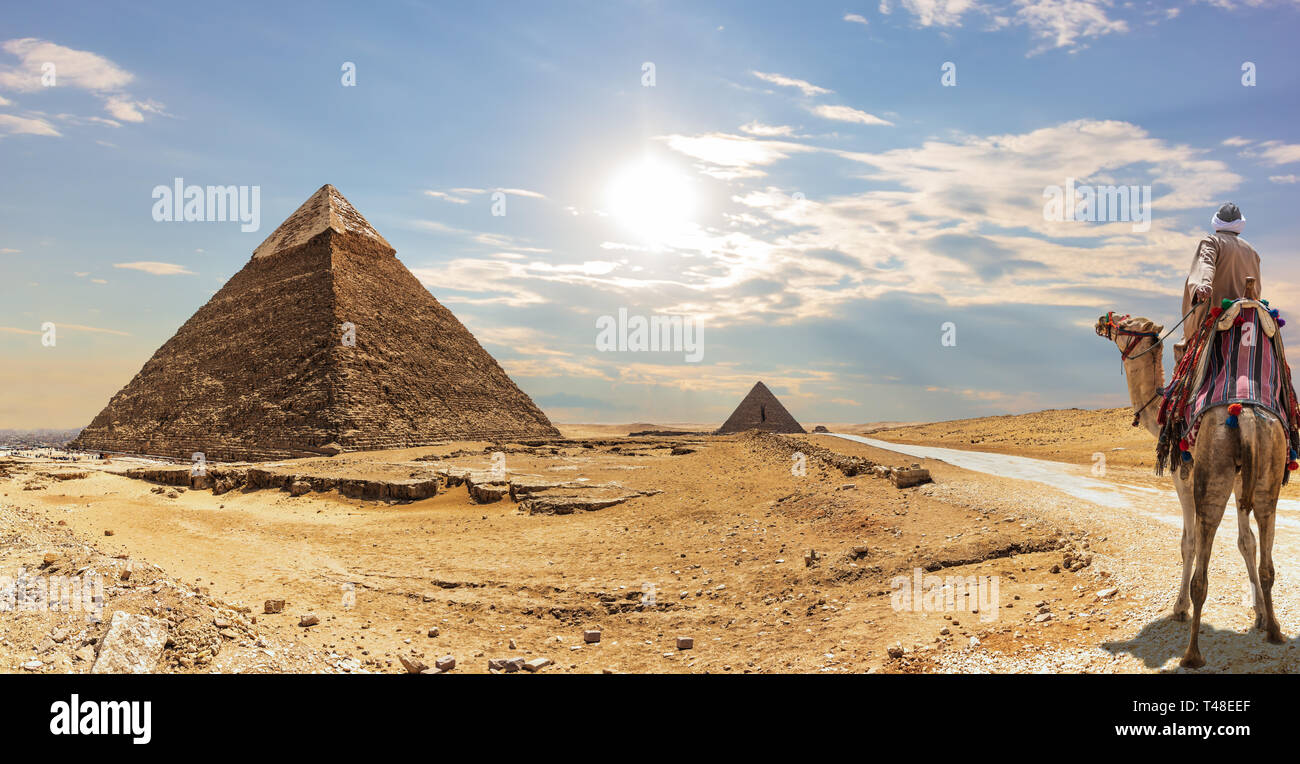 La pyramide de Khafré et un bédouin sur un chameau, Giza, Egypte Banque D'Images