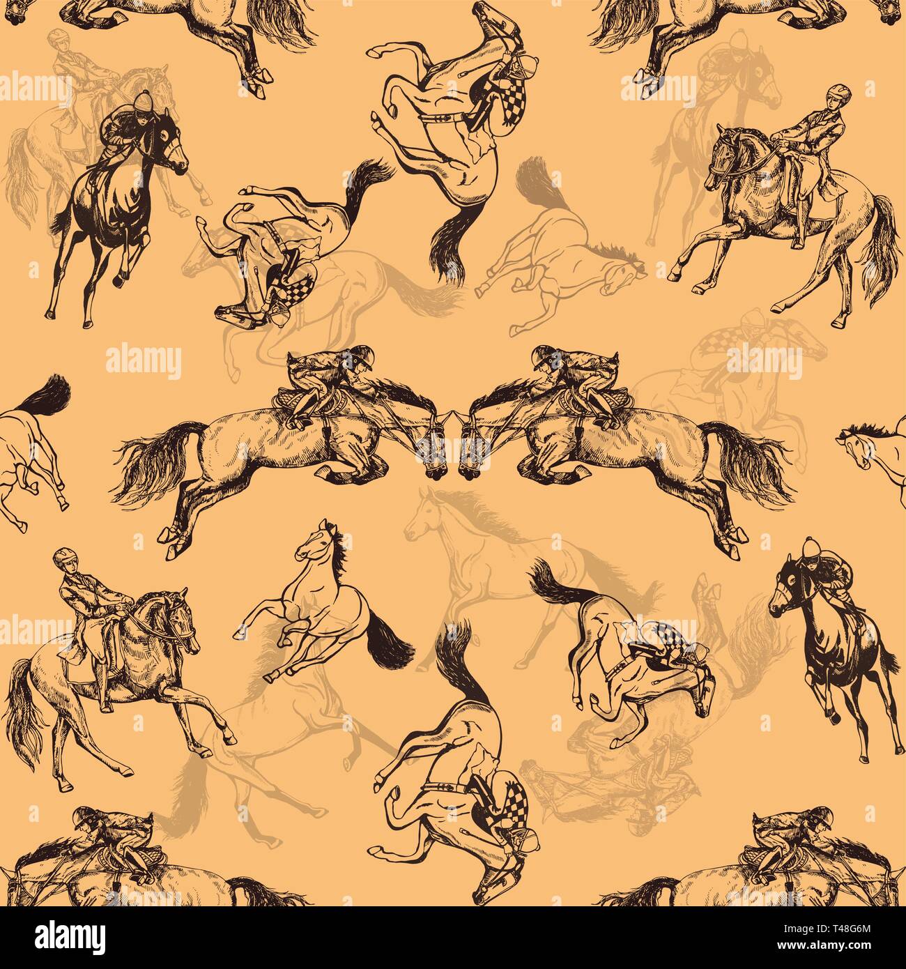 Motif de la main transparente style croquis chevaux et jockeys sur un cheval. Vector illustration. Illustration de Vecteur