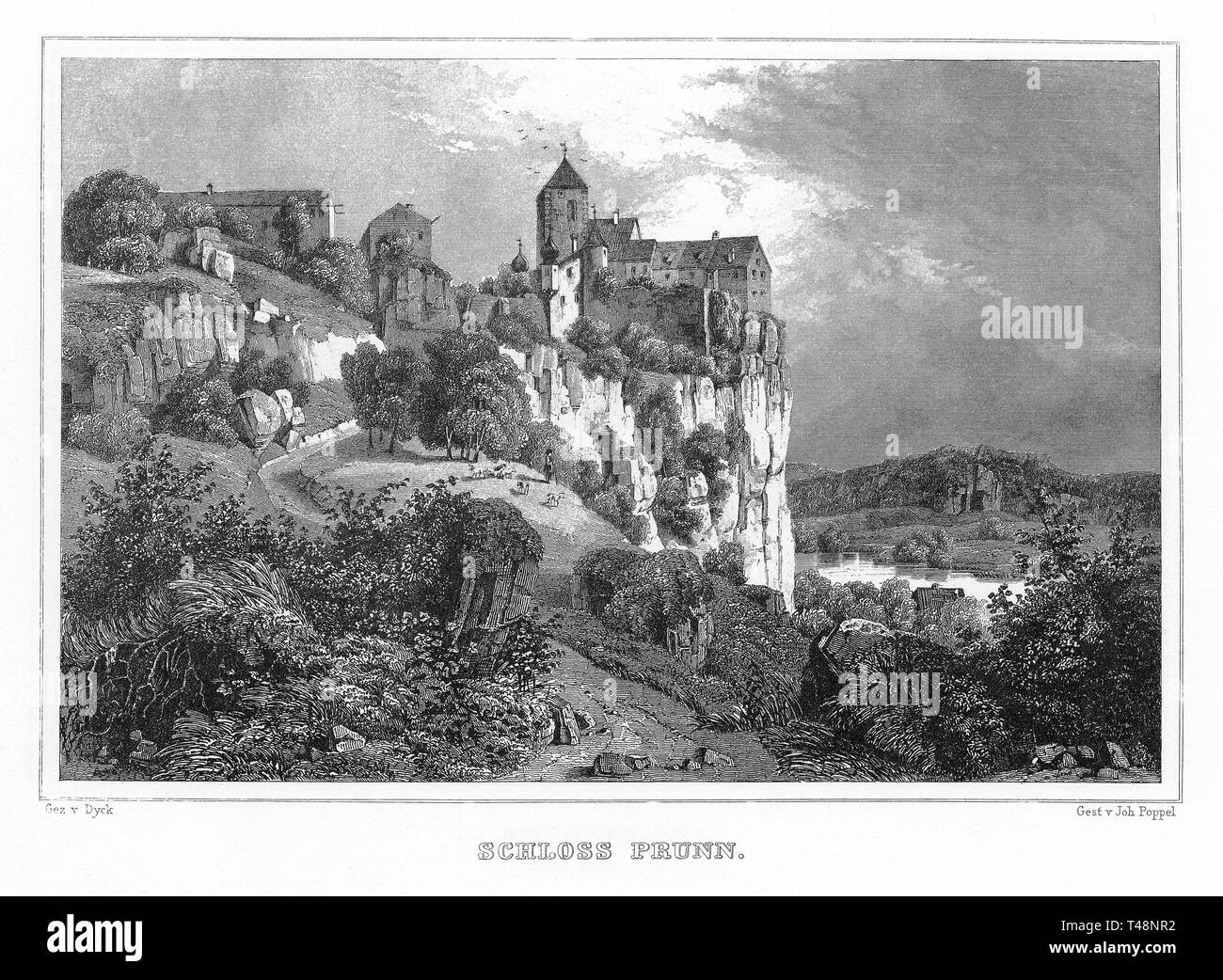 Château de l'Altmuhltal Prunn, dessin de Dyck, gravure sur acier par J. Poppel, 1840-1854, royaume de Bavière, Allemagne Banque D'Images