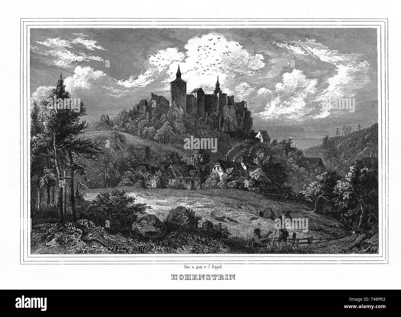 Château de Hohenstein, Kirchensittenbach, Dessin et gravure sur acier par J. Poppel, 1840-54, royaume de Bavière, Allemagne Banque D'Images