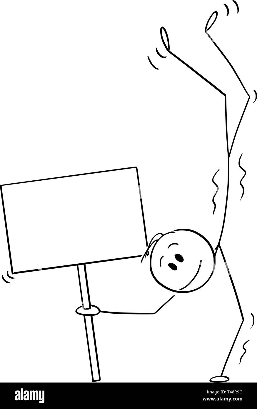 Cartoon stick figure dessin illustration conceptuelle de l'homme l'exécution d'une ou de l'ATR de garder l'équilibre tout en se tenant sur les mains et le holding empty signe. Illustration de Vecteur