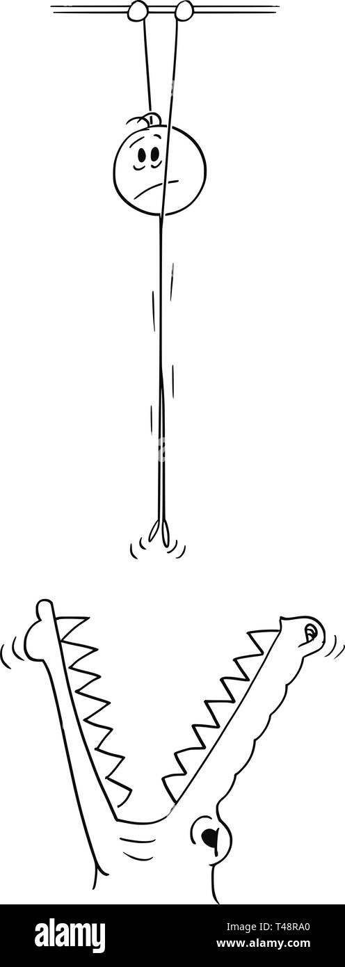Cartoon stick figure dessin illustration conceptuelle de l'homme déprimé accroché au-dessus de crocodile ou monster et la tenue d'un bar. Illustration de Vecteur