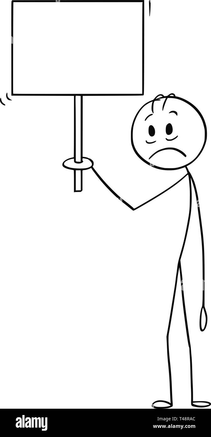 Cartoon stick figure dessin illustration conceptuelle de l'homme triste et déprimé holding blank sign ou vides prêts pour votre texte. Illustration de Vecteur