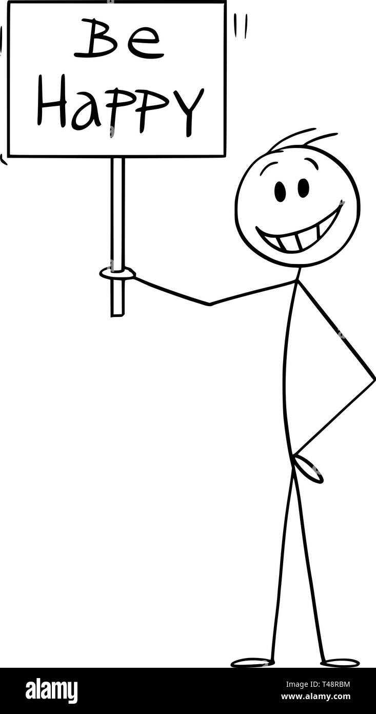 Cartoon stick figure dessin illustration conceptuelle de happy smiling man holding heureux signe. Illustration de Vecteur