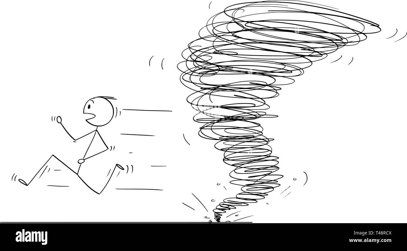 Cartoon stick figure dessin illustration conceptuelle de l'homme en fuite de vortex tornade. Illustration de Vecteur