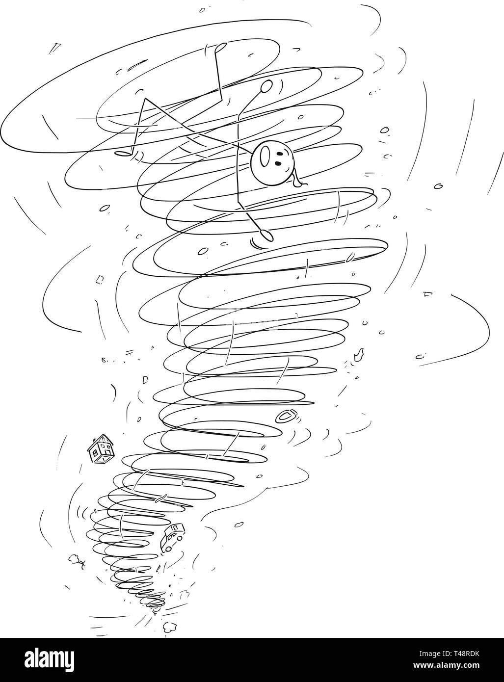 Cartoon stick figure dessin illustration conceptuelle de l'homme emporté par une tornade tempête. Illustration de Vecteur