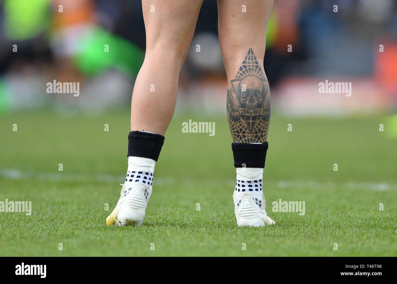 Vue générale de l'Exeter Chiefs Jack Nowell tatouage jambe au cours de la Premiership match Gallagher à Sandy Park, Exeter. Banque D'Images
