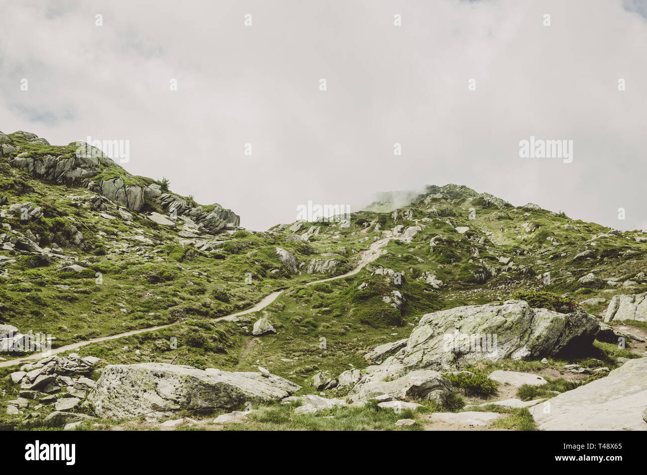 Panorama de montagnes scène, promenade à travers le grand glacier d'Aletsch, d'Aletsch Panoramaweg route au parc national suisse, l'Europe. Paysage d'été, Banque D'Images