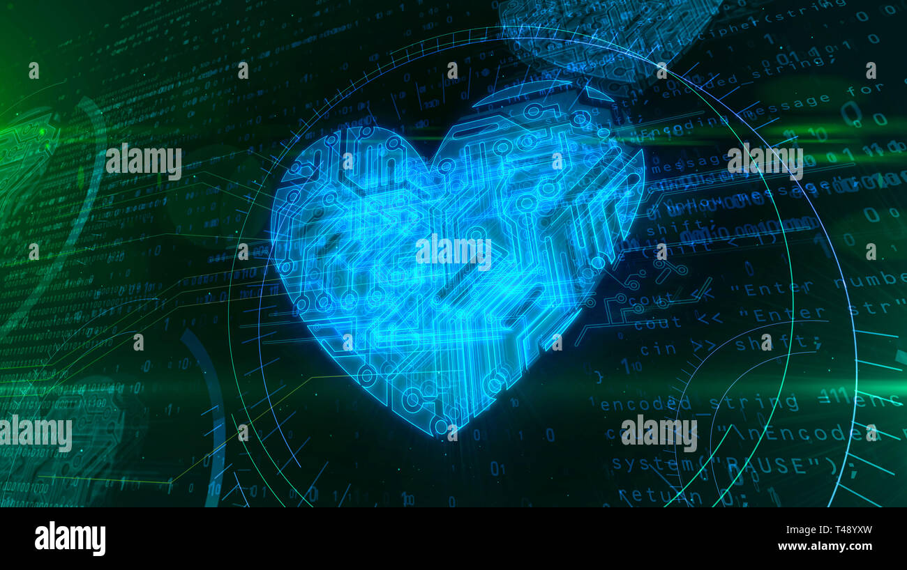 Forme de coeur numérique bleu dentelle sur l'arrière-plan numérique. Amour, romantique, de médecine, de la santé, concept abstrait 3d illustration. Banque D'Images