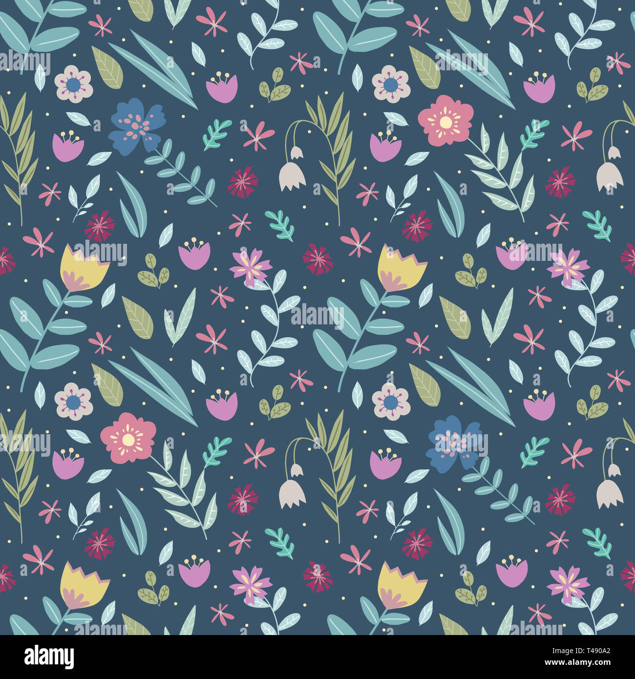 Floral design rétro tendance transparente avec de nombreuses couleurs faut fleurs et feuilles stylisées sur fond bleu foncé Banque D'Images