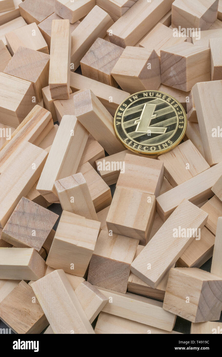 Jeton Litecoin de crypto-monnaie sur de petites briques en bois - pour l'accident de crypto-monnaie de FTX, Litecoin automne, l'effondrement des prix de Litecoin, l'effondrement de la banque SVB. Banque D'Images