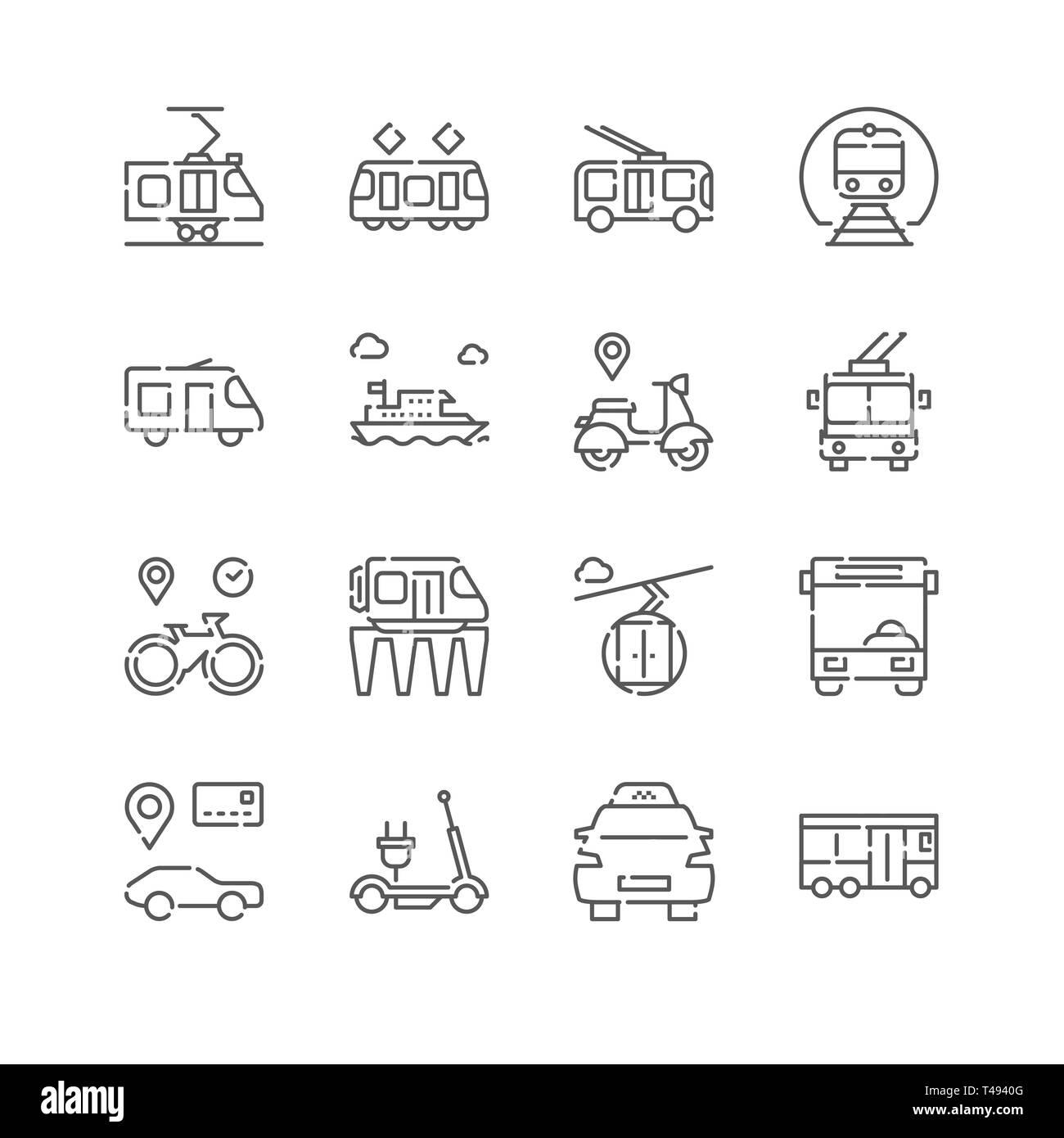 Définir l'icône de la ligne. Linéaire de transport public d'icônes. Les véhicules de la ville concernant les symboles, pictogrammes, signes. Banque D'Images