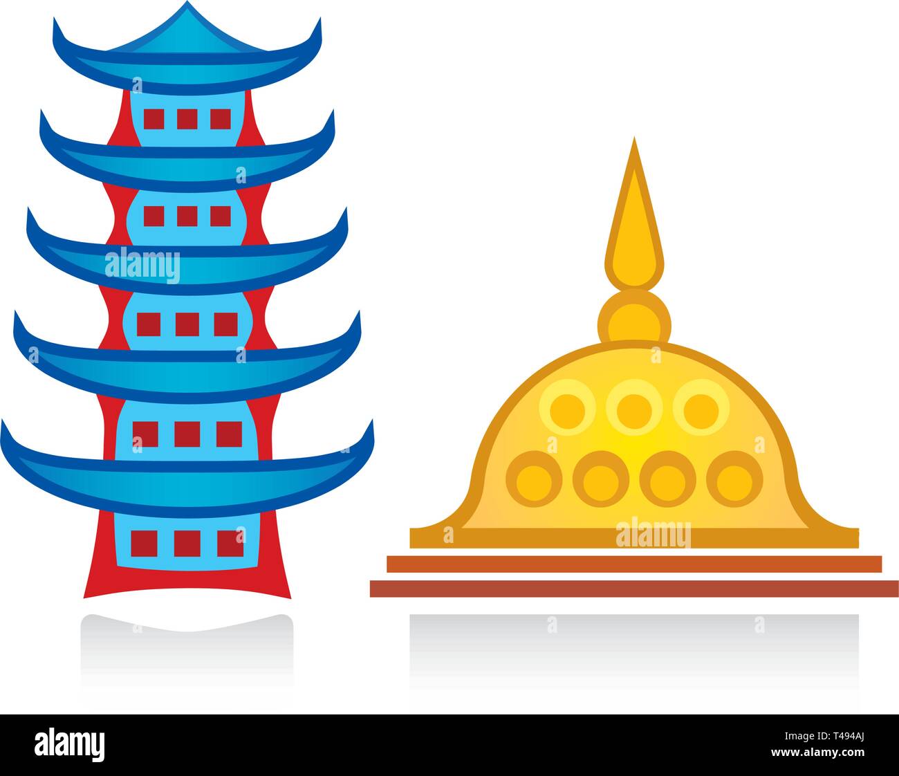 La pagode bouddhiste et stupa. Temples religieux, structures architecturales. Illustration de Vecteur