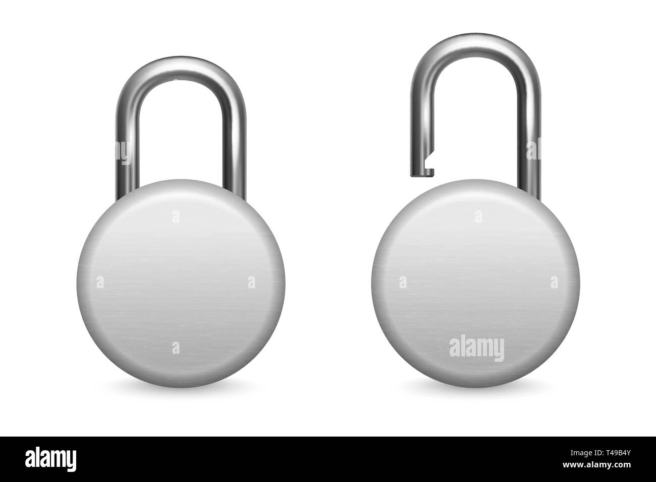 Vector 3D réaliste Cercle ouvert et fermé Metal Silver Chrome Cadenas Set libre isolé sur fond blanc. Modèle de conception de verrouillage d'Or Illustration de Vecteur