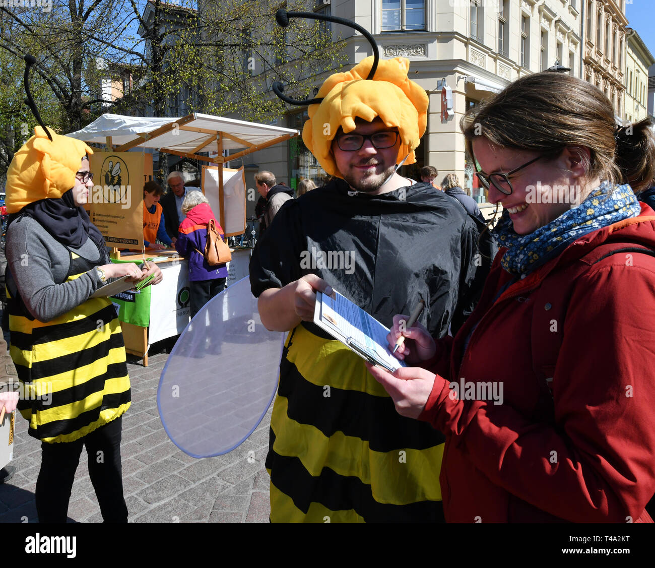 15 avril 2019, Brandenburg, Potsdam : conservationnistes de la nature habillés comme des abeilles recueillir des signatures dans le centre-ville pour l'initiative populaire 'enregistrement - assurer l'avenir de la biodiversité" de la conservation de la nature de Brandebourg d'associations. Photo : Bernd Settnik/dpa-Zentralbild/ZB Banque D'Images