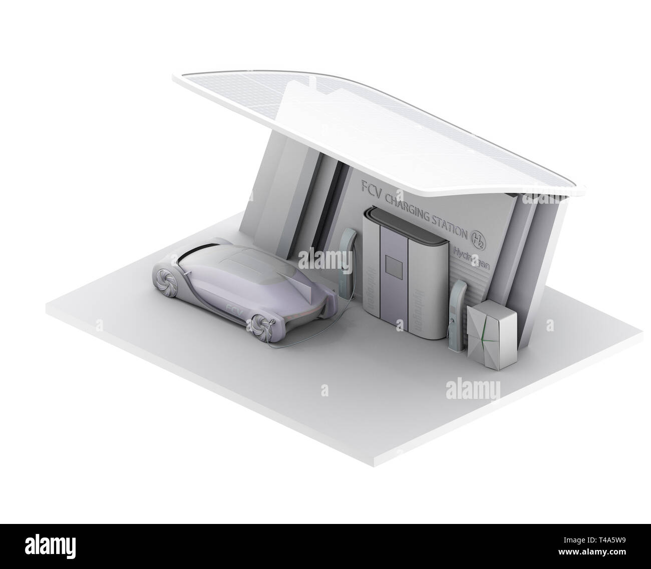 Voiture autonome à pile à combustible gaz de remplissage dans l'hydrogène des piles à combustible. L'argile et la texture transparente effet d'ombrage. Le rendu 3D image. Banque D'Images