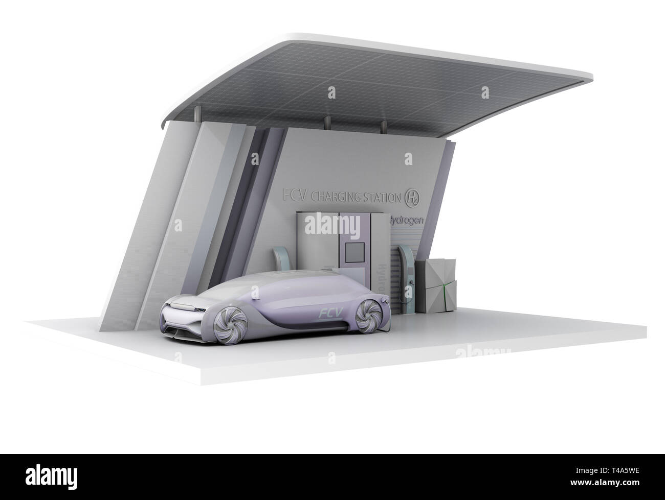 Voiture autonome à pile à combustible gaz de remplissage dans l'hydrogène des piles à combustible. L'argile et la texture transparente effet d'ombrage. Le rendu 3D image. Banque D'Images
