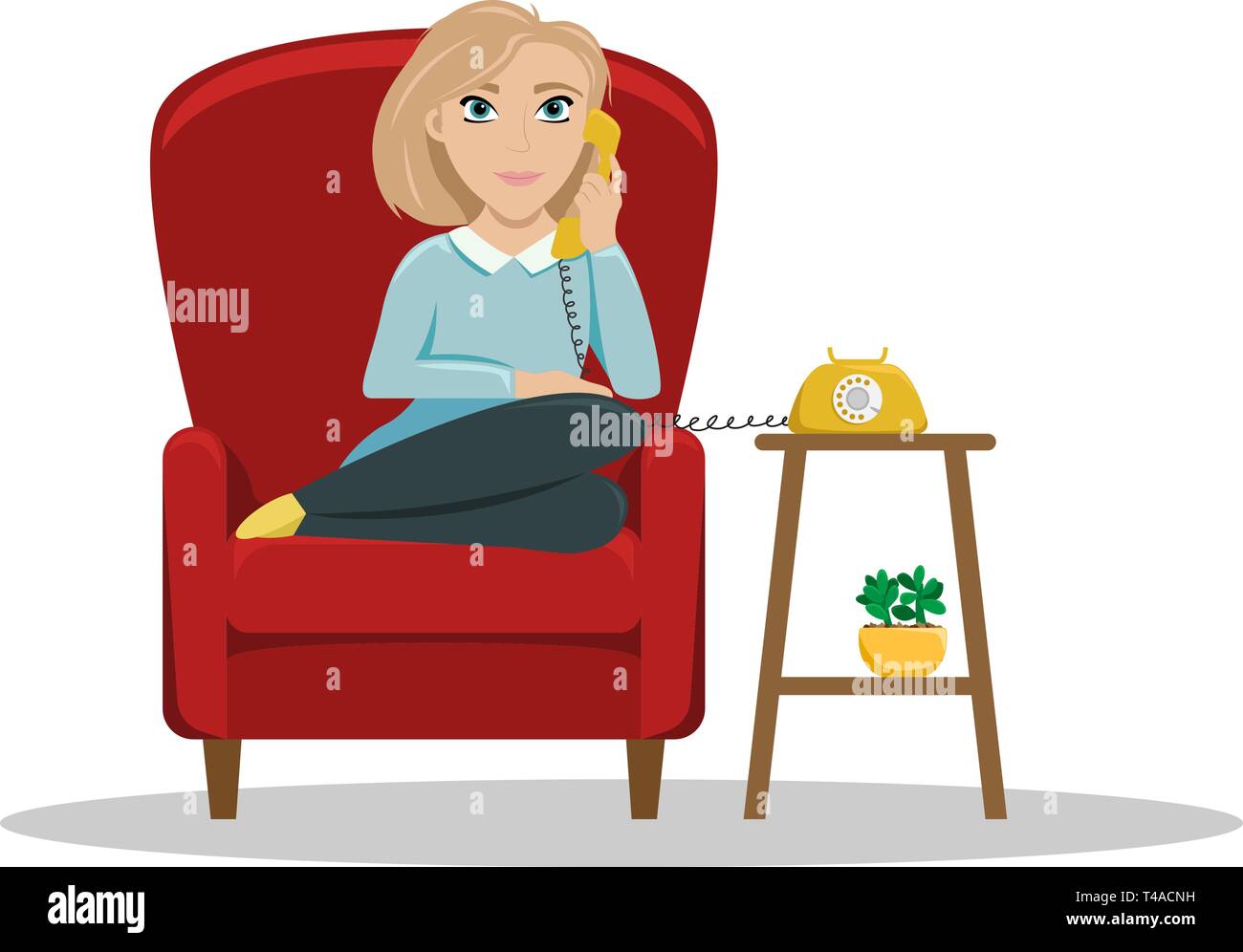 Une femme assise sur une chaise à la maison parler au téléphone. Conversations agréables avec un ami. Télévision vector illustration. Illustration de Vecteur