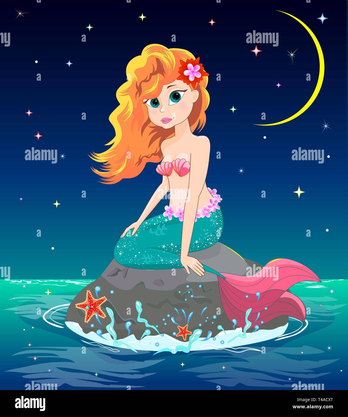 Une belle sirène est assis sur une pierre de la mer. Sirène sur l'arrière-plan de la nuit ciel étoilé et la lune. Illustration de Vecteur