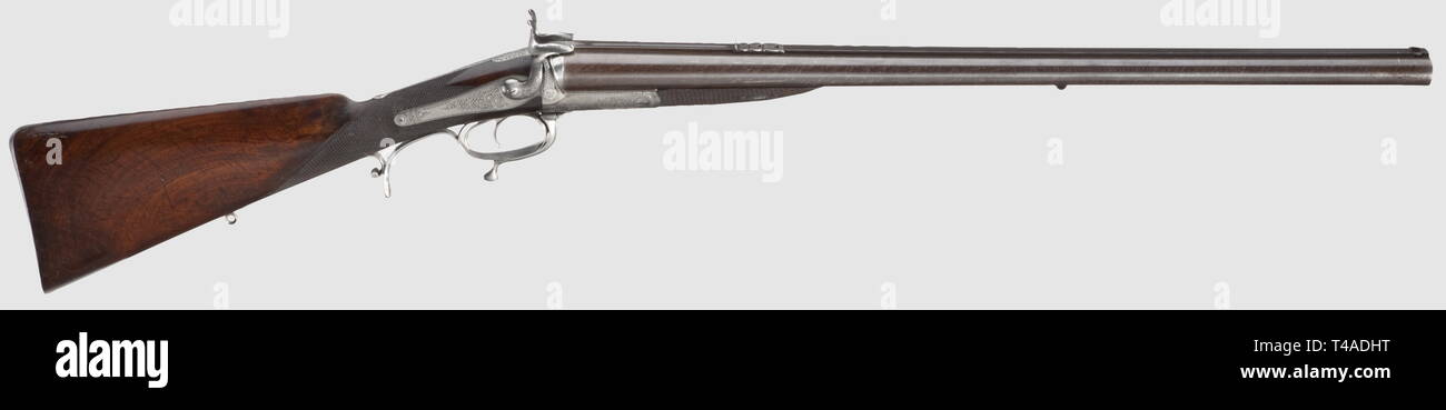 Un lourd rare double pin-fire paradox avec fusil de barils, W. W. Greener, Londres, vers 1870/80. Calibre 17 mm, no. 7112. Les canons en damas, la nervure principale usinée du fabricant avec inscription 'W.W. Greener, n° 48, rue Duke St James's & No 11 Strand, London', l'autre fixe et trois sites arrière rabattable. Alésages comme un miroir. La base du canon, le châssis et les serrures de haute qualité avec décor de feuillages ciselés. Signature répétée sur les verrous. Le stock fabriqué à partir de bois de noyer à grain fin magnifiquement avec de petits carreaux de l'Additional-Rights Clearance-Info , stock--Not-Available Banque D'Images