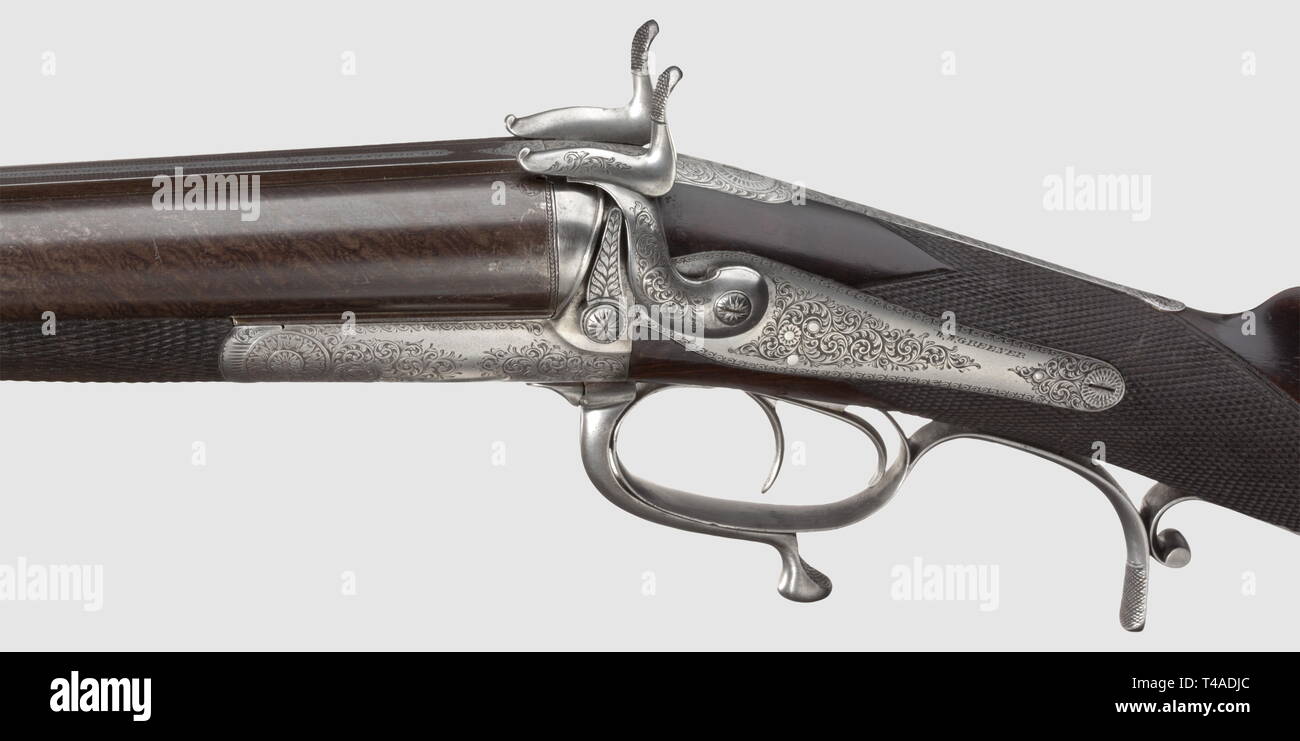 Un lourd rare double pin-fire paradox avec fusil de barils, W. W. Greener, Londres, vers 1870/80. Calibre 17 mm, no. 7112. Les canons en damas, la nervure principale usinée du fabricant avec inscription 'W.W. Greener, n° 48, rue Duke St James's & No 11 Strand, London', l'autre fixe et trois sites arrière rabattable. Alésages comme un miroir. La base du canon, le châssis et les serrures de haute qualité avec décor de feuillages ciselés. Signature répétée sur les verrous. Le stock fabriqué à partir de bois de noyer à grain fin magnifiquement avec de petits carreaux de l'Additional-Rights Clearance-Info , stock--Not-Available Banque D'Images