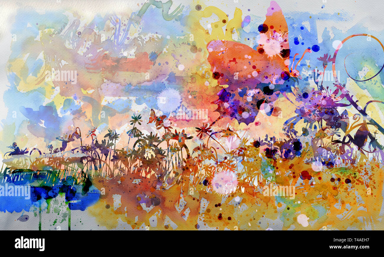 Aquarelle d'un papillon sur une fleur dans le jardin ancien Banque D'Images