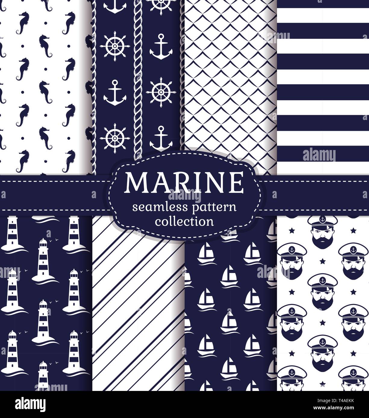 Ensemble de milieux marins et marines en bleu marine et blanc. Thème de la mer. Les modèles sans couture mignon collection. Vector illustration. Illustration de Vecteur