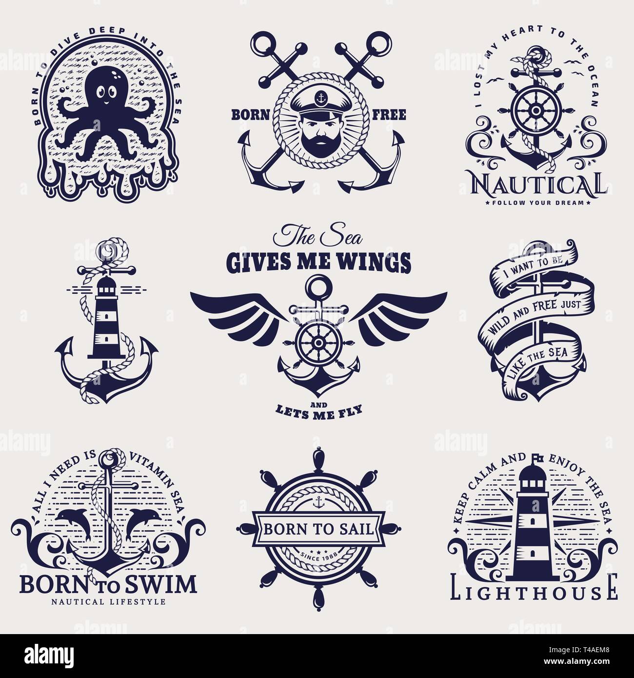 Ensemble d'emblèmes nautiques avec ancre, volant, Lighthouse, le marin, la mer les animaux. Collection d'insignes pour vecteur conception de t-shirt, des logos d'entreprise. Illustration de Vecteur