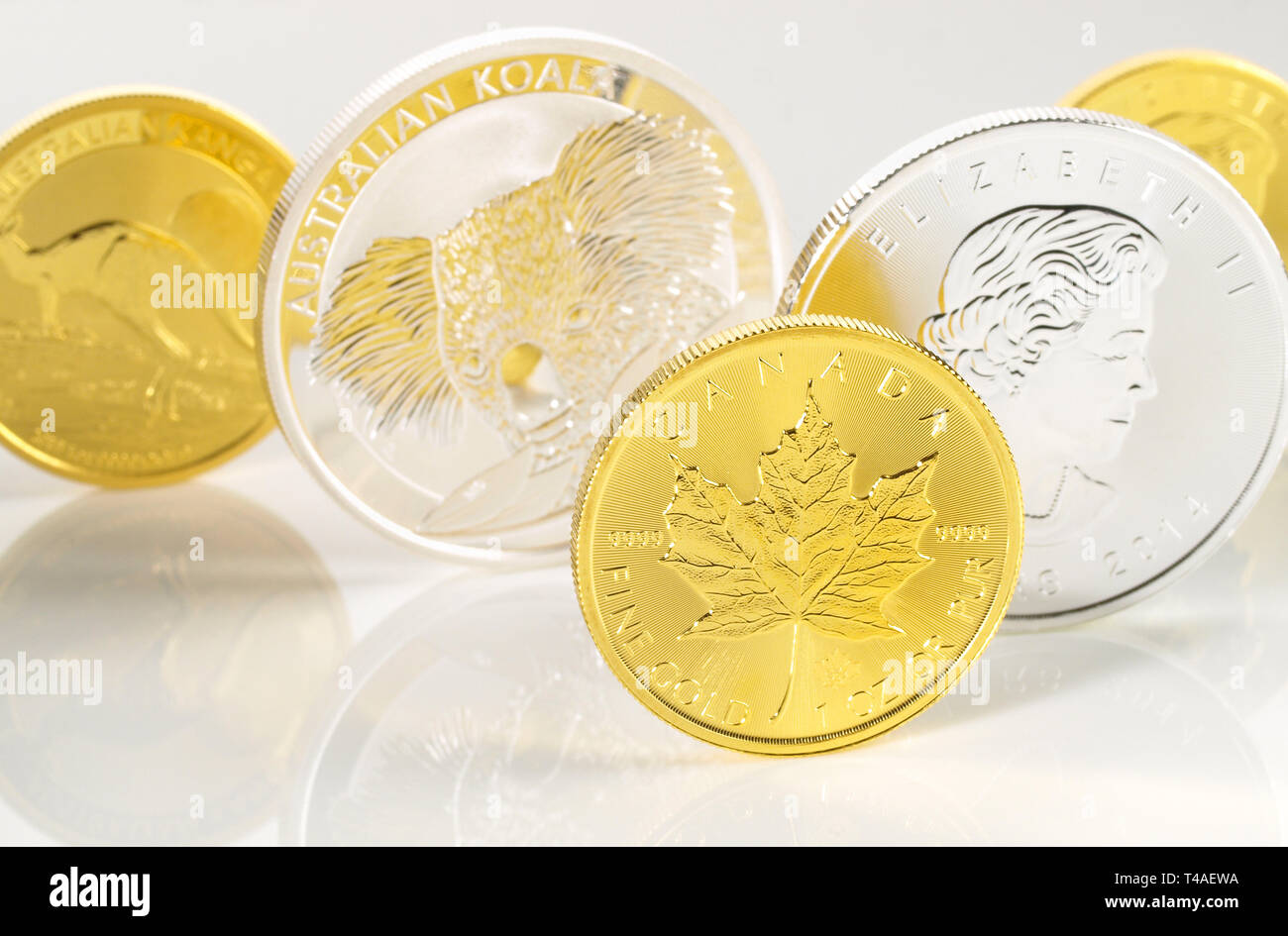 Pièces d'or et d'argent - Fond blanc Banque D'Images