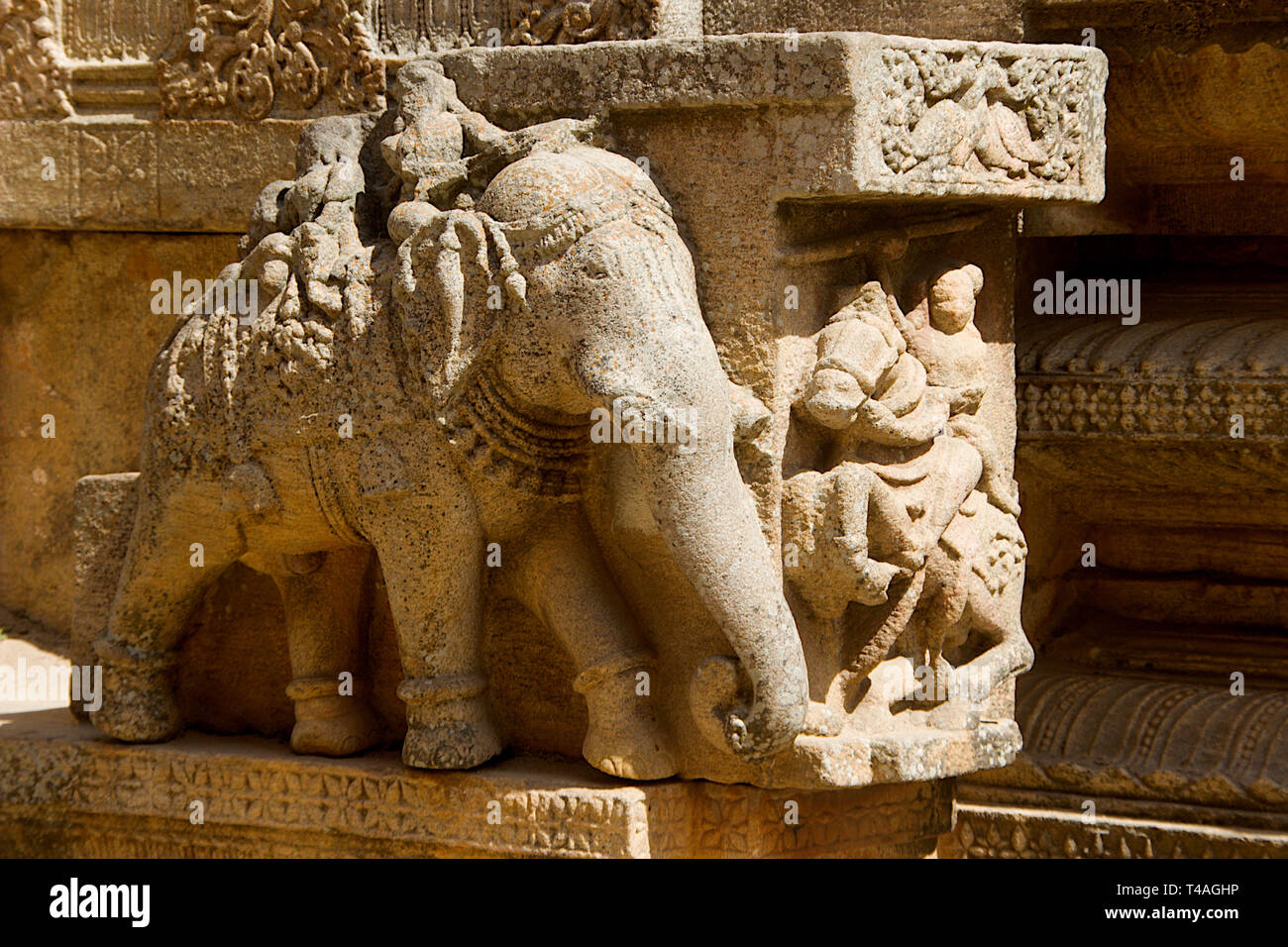 La sculpture sur pierre de guerriers sur l'éléphant et à cheval sur le mur à Rayara (Gopura Tour Royale) dans Melukote, District de Mandya, Karnataka, Inde, Asie Banque D'Images