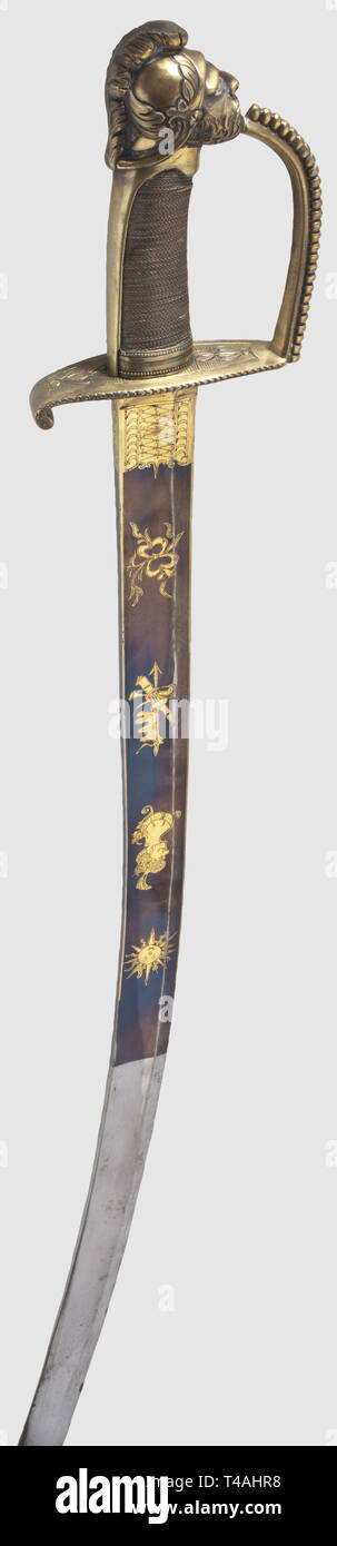 Un officier de Hussards français de sabre, fin du 18e siècle. Avec lame  lourde fuller des deux côtés et gravé, fire-décoration doré contre un fond  bleuté. Une représentation de hussard et la
