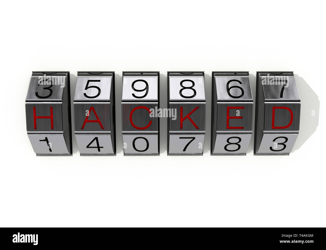 3d illustration : Fermer voir metal serrure à combinaison à 6 chiffres avec des numéros noirs et rouges texte 'piraté', isolé sur fond blanc, www concept Banque D'Images