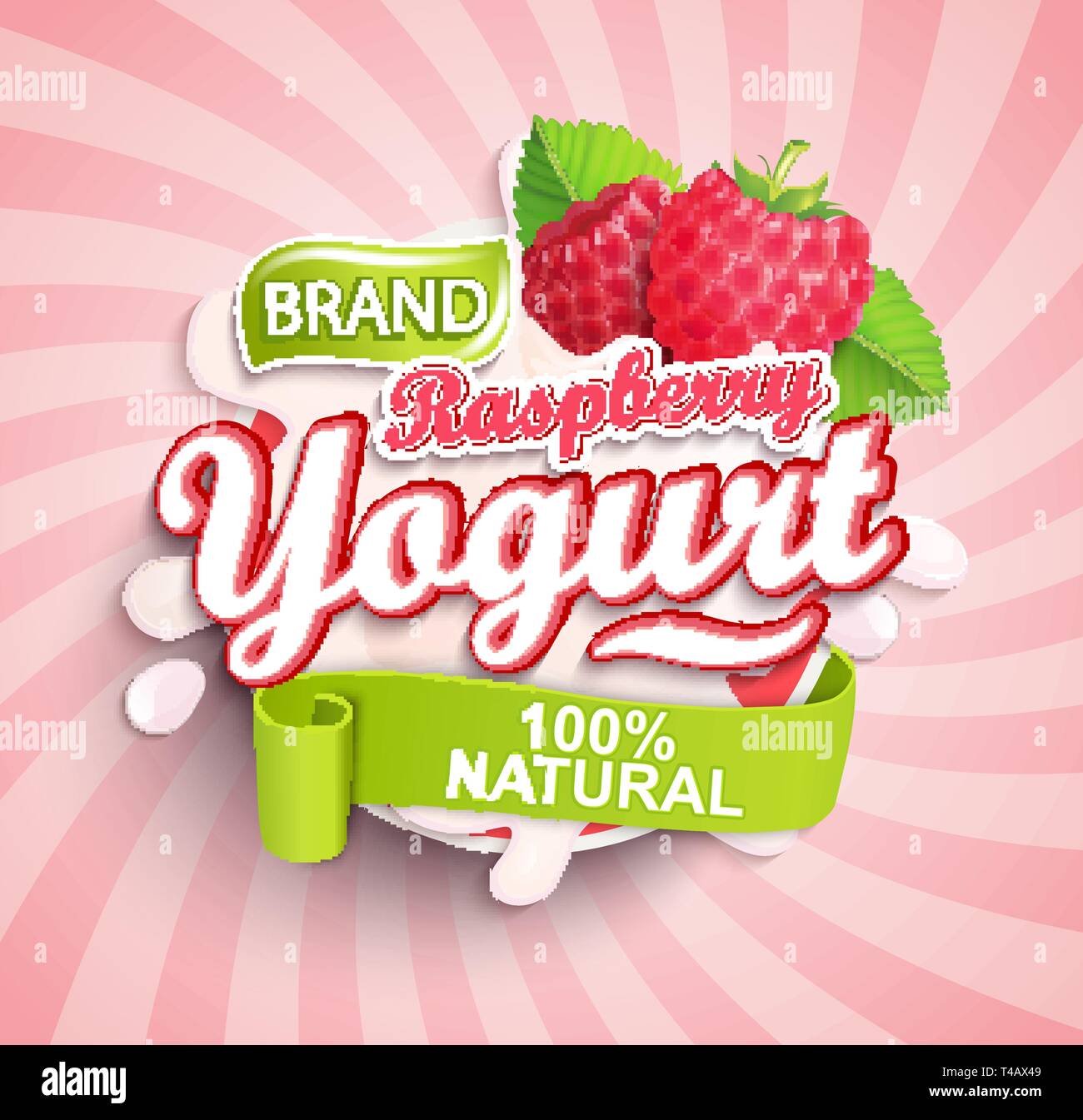 Yogourt aux framboises fraîches et naturelles splash logo. Illustration de Vecteur