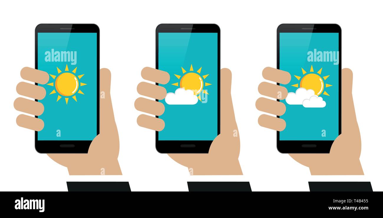 Mains courantes smartphone avec weather report sur display set isolated on white background vector illustration EPS10 Illustration de Vecteur