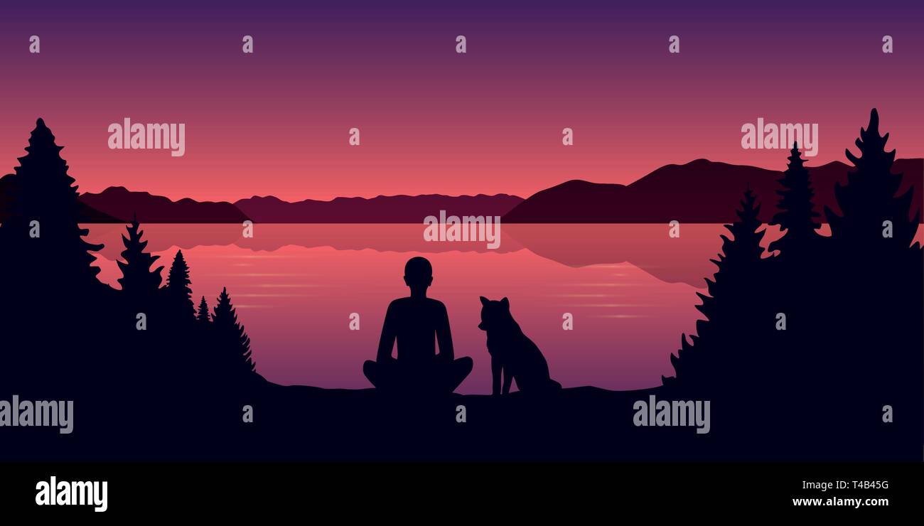 L'homme et son chien par le lac beau paysage rouge illustration vecteur EPS10 Illustration de Vecteur