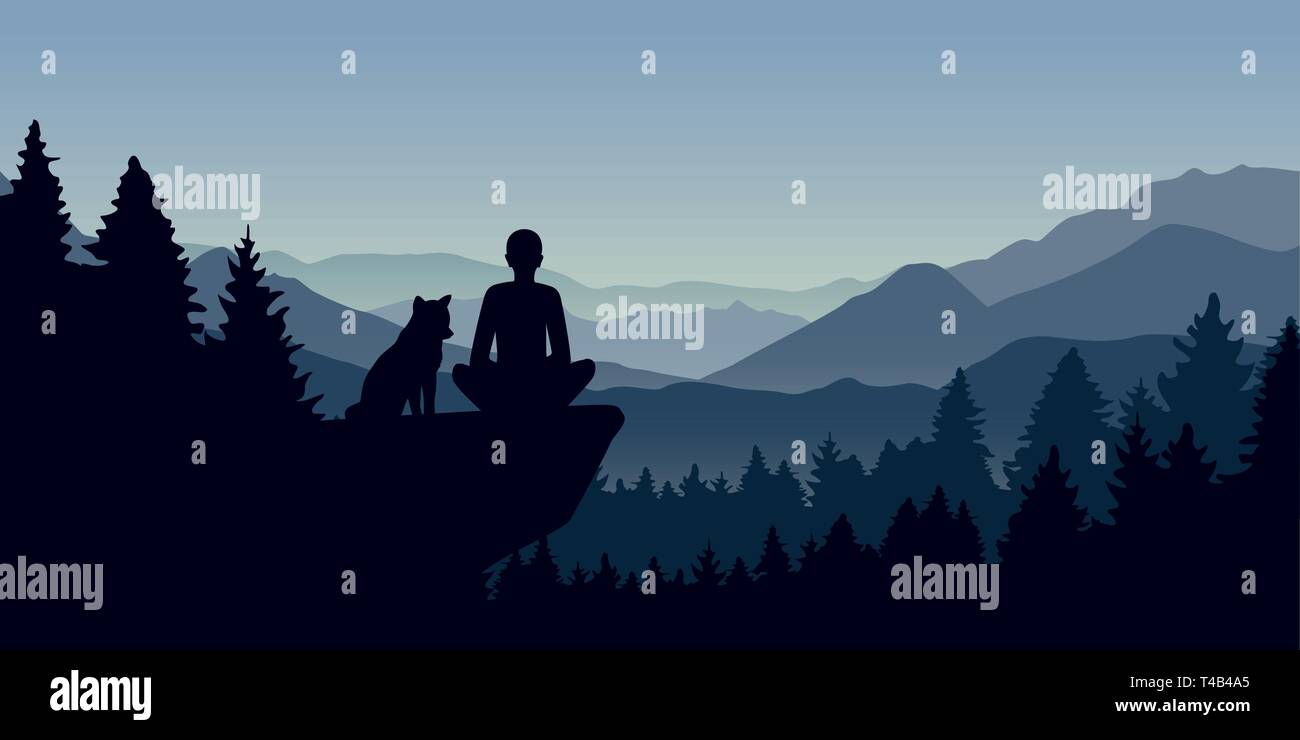 L'homme et son chien sur une falaise dans la forêt avec vue sur la montagne nature paysage vector illustration EPS10 Illustration de Vecteur