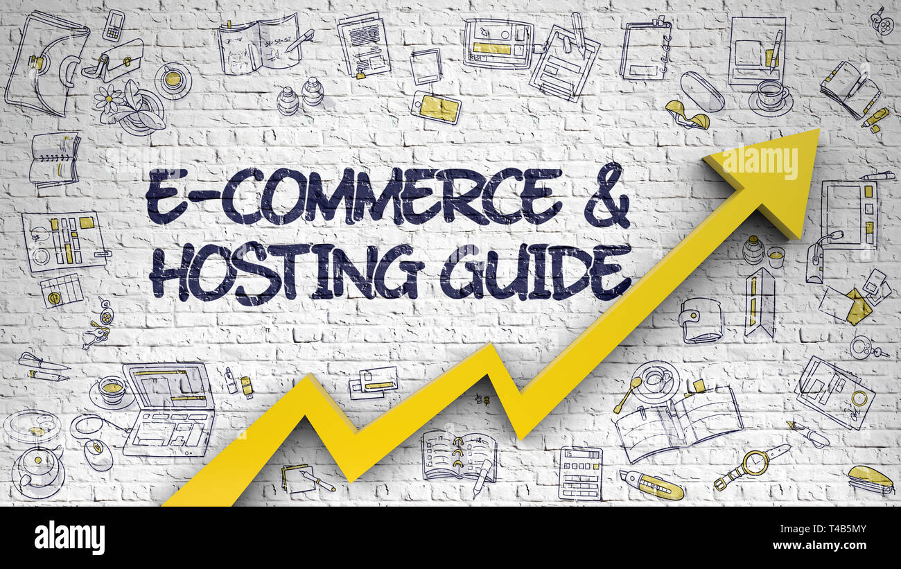 E-Commerce et Hébergement Guide dessiné sur White Brickwall. 3d. Banque D'Images