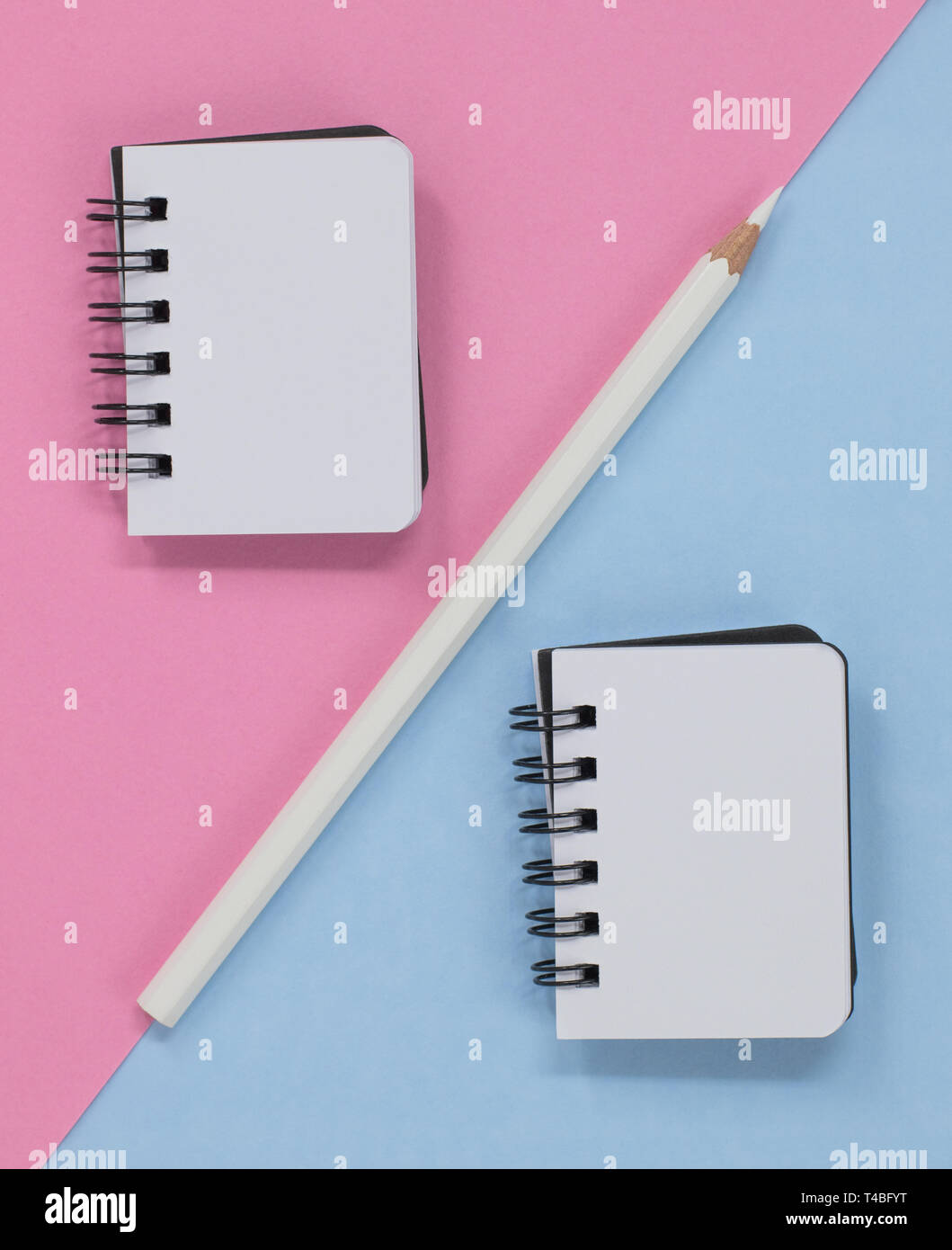 Deux cahiers spirale et un crayon blanc, rose et bleu sur un fond en diagonale. Avec l'exemplaire de l'espace. Banque D'Images