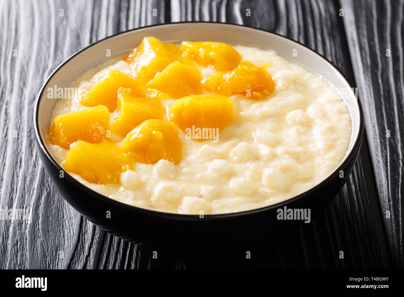 Délicieux pudding vanille tapioca au lait de coco et mangue close-up dans un bol sur la table horizontale. Banque D'Images